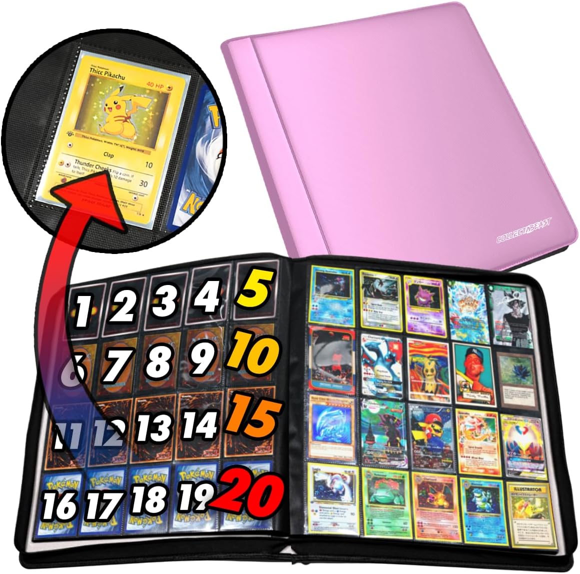 1280+ Cards 20 Pocket Card Binder Collector Card Album - Pages Compatible with Pokemon Cards, Sports Cards, Yugioh, MTG and Other TCG - Trading Card Sleeve with Side Loading Pockets (White/Red)